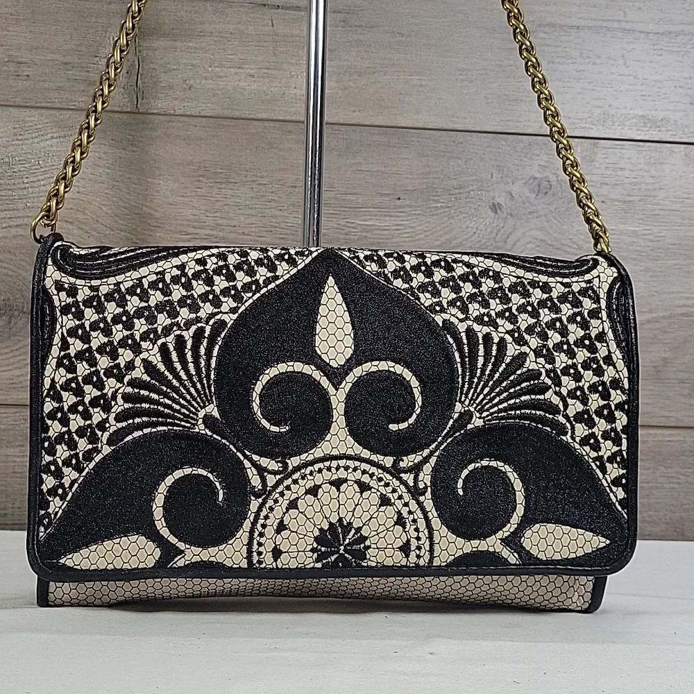 Isabella Fiore Embroidered Flap Front Leather Crossbody Shoulder Bag